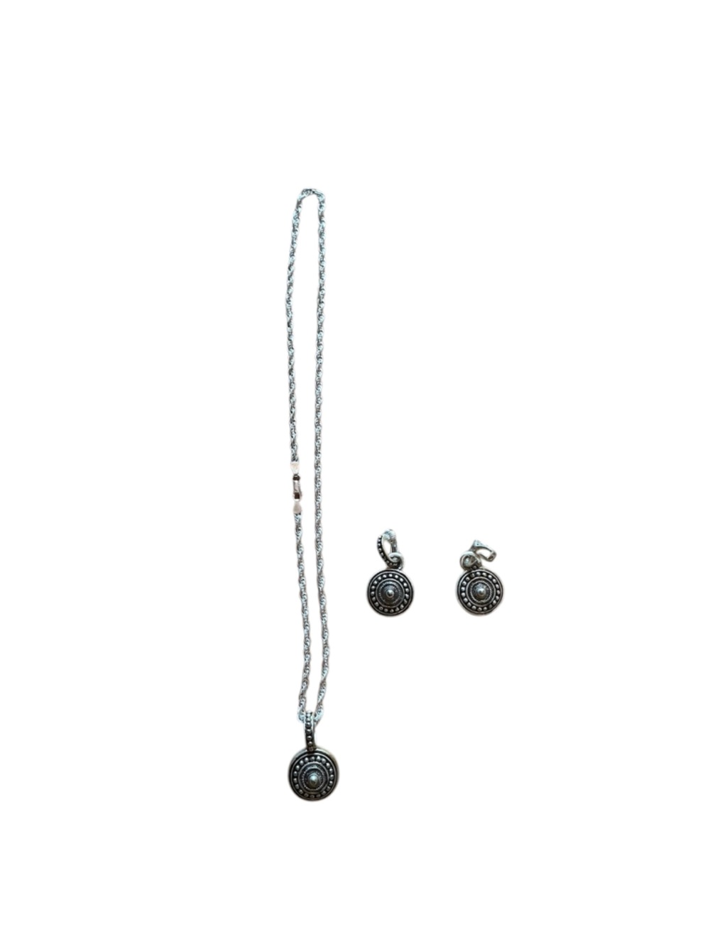 Vintage costume Silver-Tone Circular Pendant Necklace and clip on earrings